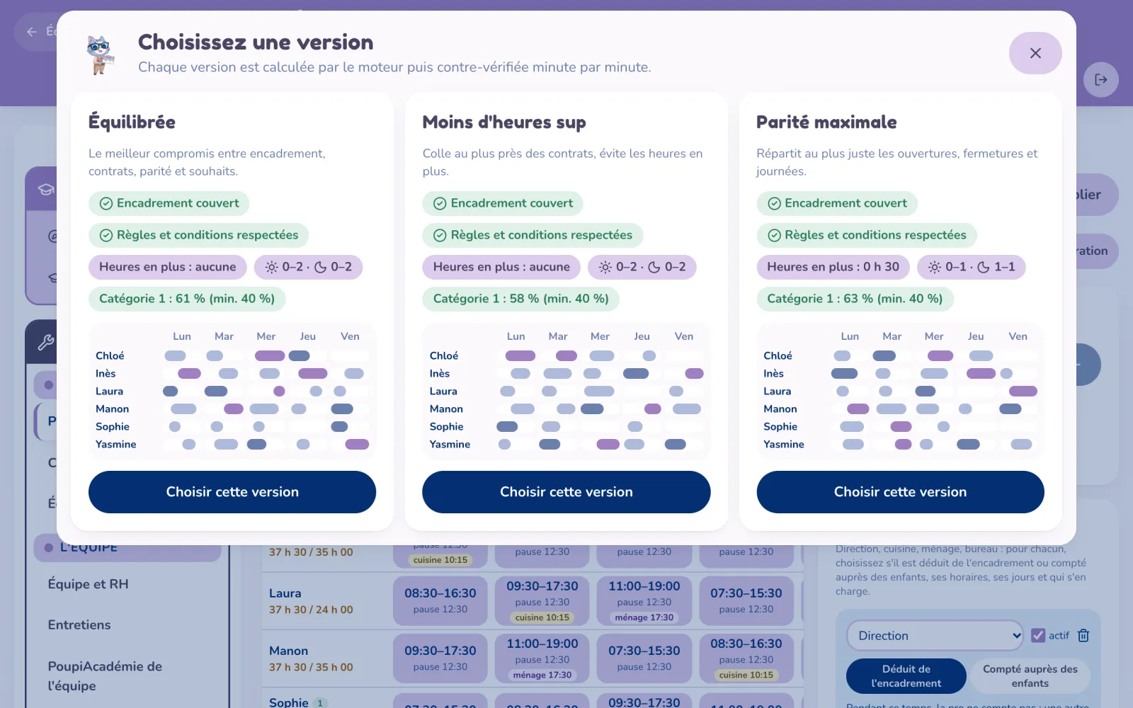 Écran du planning : trois versions proposées, chacune avec l'encadrement couvert et les règles respectées