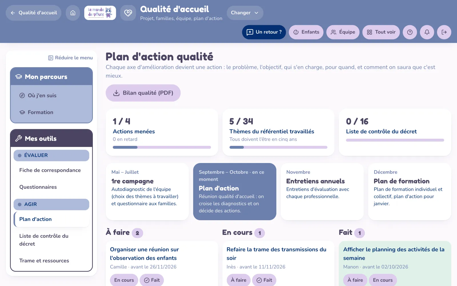 Écran « Plan d'action qualité » : actions menées, thèmes du référentiel travaillés, calendrier de l'année