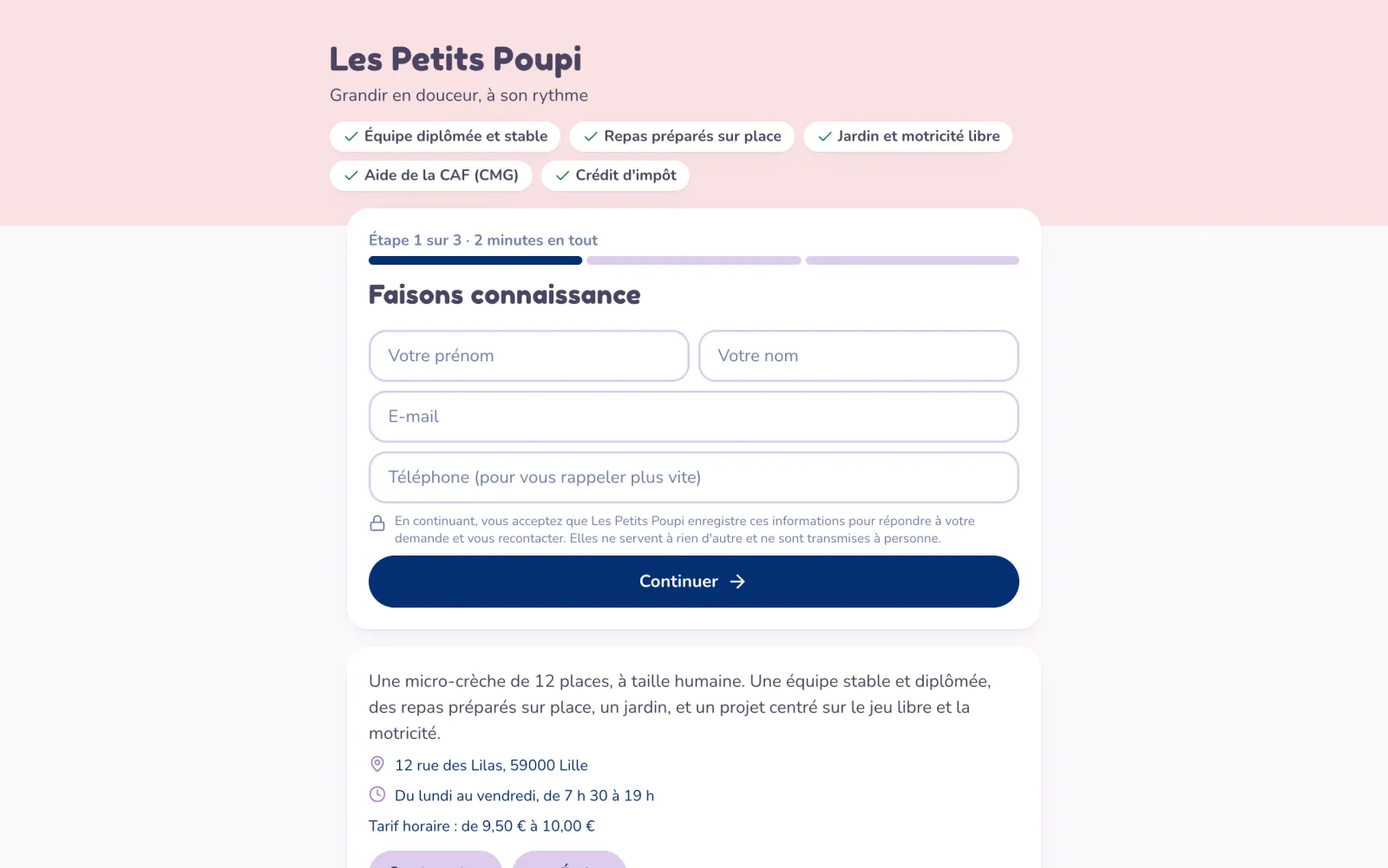 Page de préinscription d'une crèche vue par une famille : atouts, formulaire en trois étapes, horaires et tarif